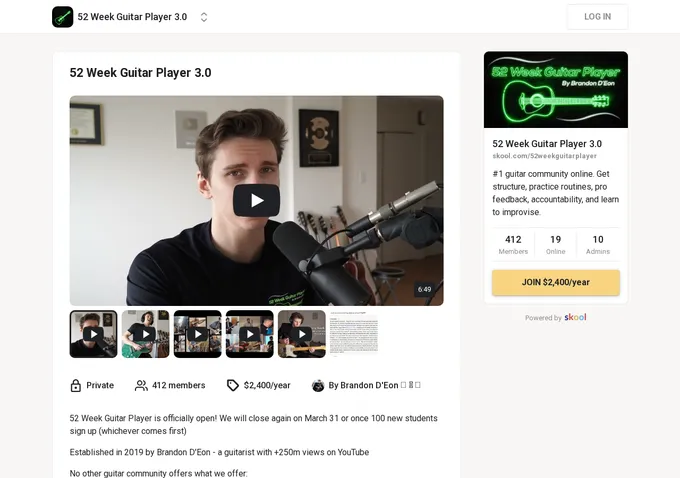 52 Week Guitar Player Skool about page showing 412 members, $2,400 per year pricing, and Brandon D'Eon's intro video