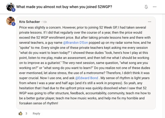 52 Week Guitar Player community member testimonial describing how the structured program transformed their guitar practice and accountability