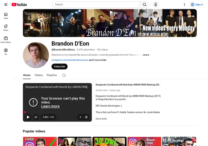 Brandon D'Eon YouTube channel page showing 237,000 subscribers and guitar tutorial content, the audience pipeline that feeds 52 Week Guitar Player enrollment