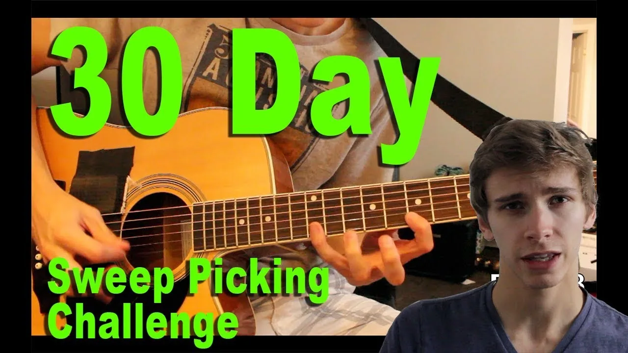 Brandon D'Eon YouTube tutorial thumbnail on sweep picking technique, one of the advanced guitar skills covered in the 52 Week Guitar Player curriculum
