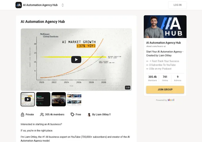 AI Automation Agency Hub Skool about page showing 305,000 members, free access, and Liam Ottley community overview