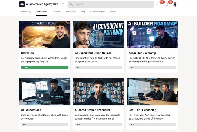 AI Automation Agency Hub Skool classroom showing six course modules including Start Here, AI Consultant Crash Course, and AI Builder Bootcamp