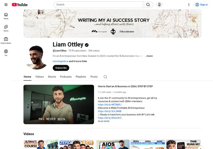Liam Ottley YouTube channel page showing 757,000 subscribers and AI business tutorial content, the free content funnel that drives AI Automation Agency Hub membership