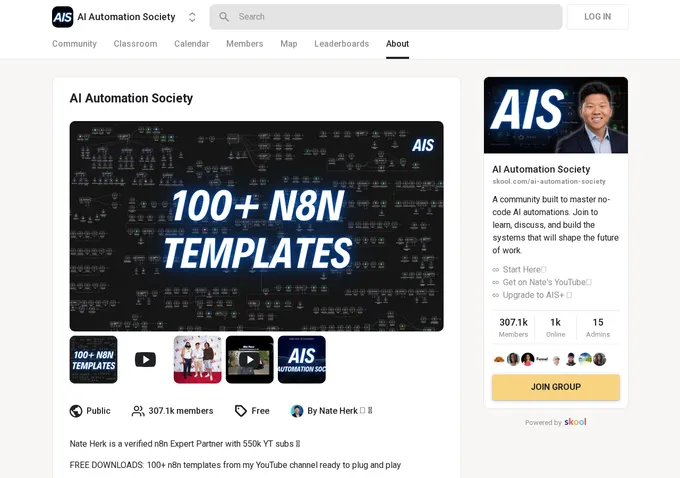 AI Automation Society Skool about page showing 307,100 members, free access, and community overview with Nate Herk profile