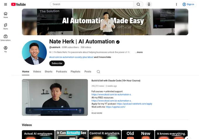 Nate Herk YouTube channel page showing 608,000 subscribers and AI automation tutorials, the content engine behind AI Automation Society's growth to 305,000 members