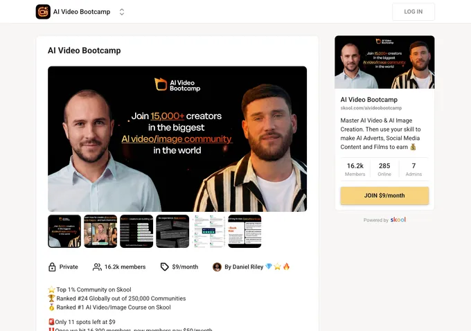 AI Video Bootcamp Skool about page showing 16,200 plus members, $9 per month pricing, and community description