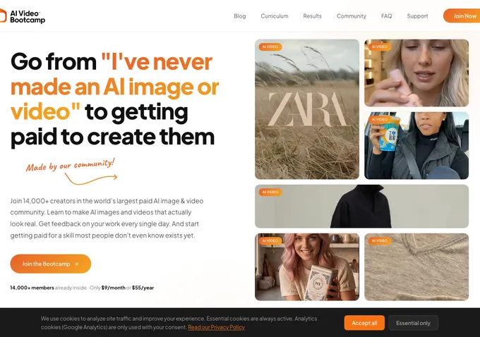 AI Video Bootcamp website homepage showing course marketing, pricing tiers, and creator Daniel Riley