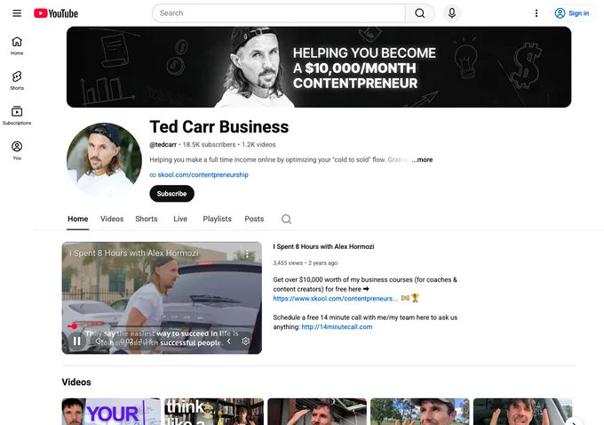 Ted Carr YouTube channel page showing subscriber count and content library
