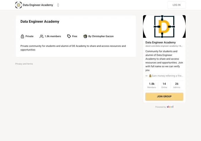 Data Engineer Academy Skool about page showing course structure and community details
