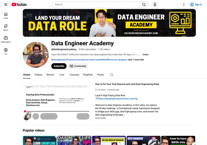 Christopher Garzon's Data Engineer Academy YouTube channel featuring data engineering tutorials