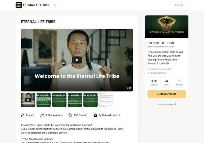 Eternal Life Tribe Skool about page showing community overview, pricing, and Dr. Samuel Lee profile