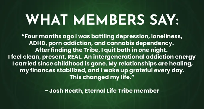 Eternal Life Tribe member testimonial describing transformation from depression and addiction to gratitude and healing