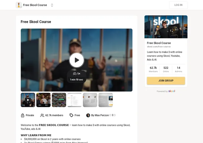 Free Skool Course Skool about page showing 62.7k members, 522 online, 14 admins, and free membership with video introduction by Max Perzon
