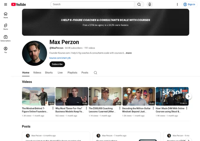 Max Perzon YouTube channel page showing 64,400 subscribers and course scaling content, the audience funnel that drives Free Skool Course membership to 62,500 members