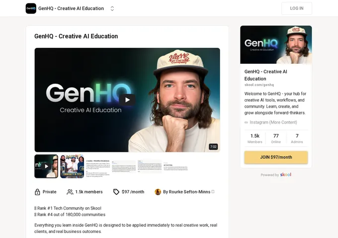 GenHQ Skool community about page showing membership details, pricing, and community overview