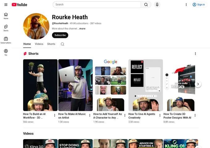 Rourke Sefton-Minns YouTube channel page showing subscriber count and content library