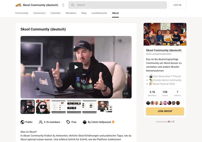 Skool Community (deutsch) Skool community about page showing membership details, pricing, and community overview