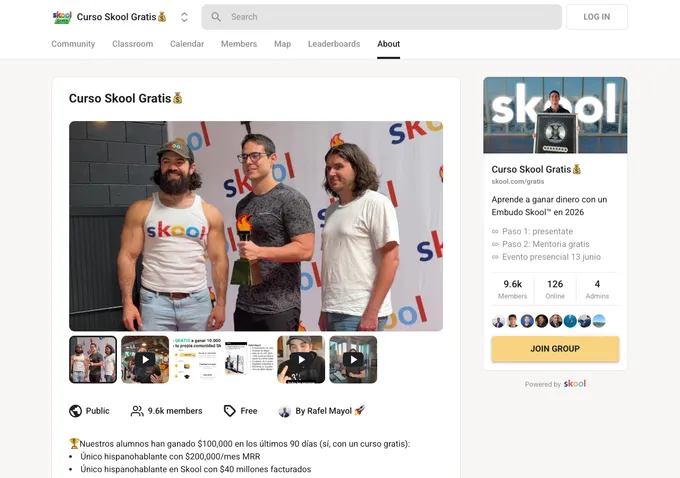 Curso Skool Gratis Skool community about page showing membership details, pricing, and community overview