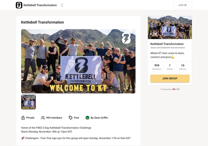 Kettlebell Transformation Skool community about page showing membership details, pricing, and community overview