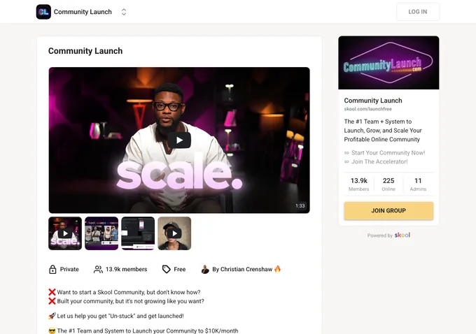 Community Launch Skool community about page showing membership details, pricing, and community overview