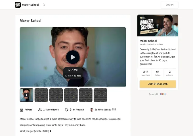 Maker School Skool about page showing $184 per month pricing, 2,100 members, and 90-day guarantee