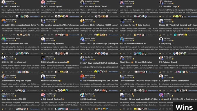 Maker School community wins wall showing member success posts and client acquisition milestones