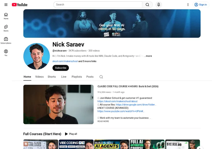 Nick Saraev YouTube channel page showing 347,000 subscribers and AI automation tutorial content, the free content pipeline that feeds Maker School membership