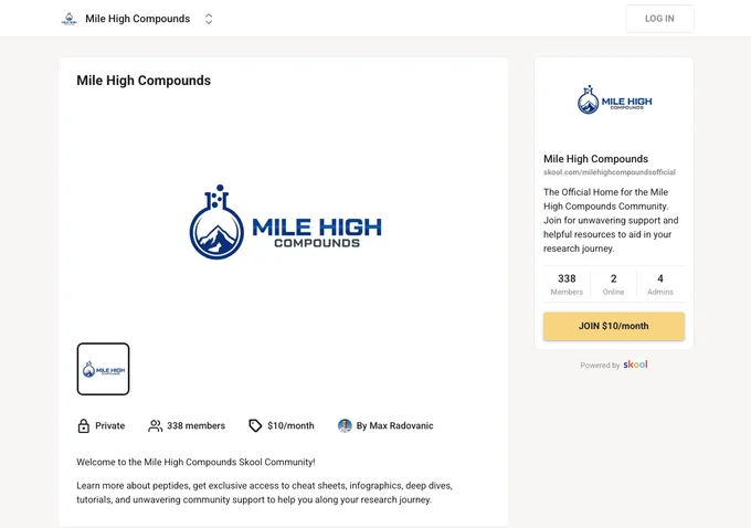 Mile High Compounds Skool about page showing community structure and course details