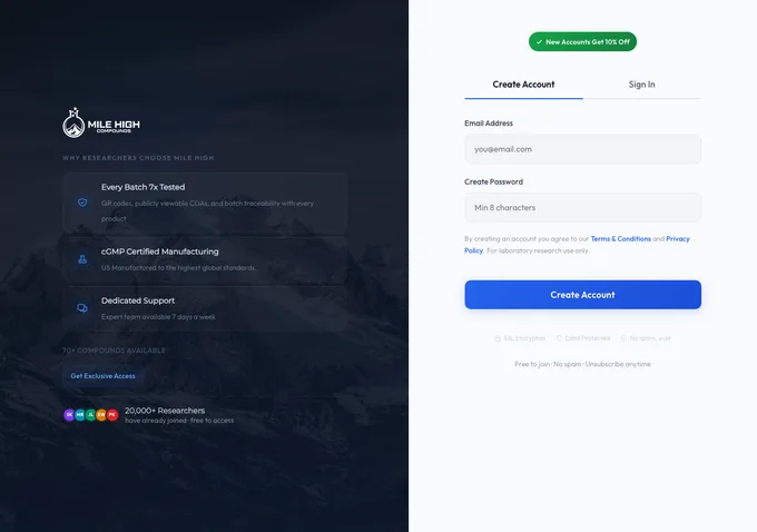 Mile High Compounds website homepage showing product catalog and research compound offerings
