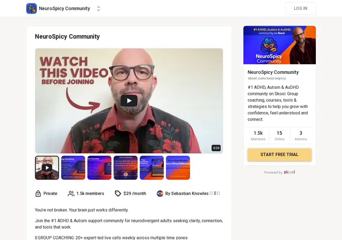 NeuroSpicy Community Skool about page showing member count, pricing, and community overview for neurodivergent adults