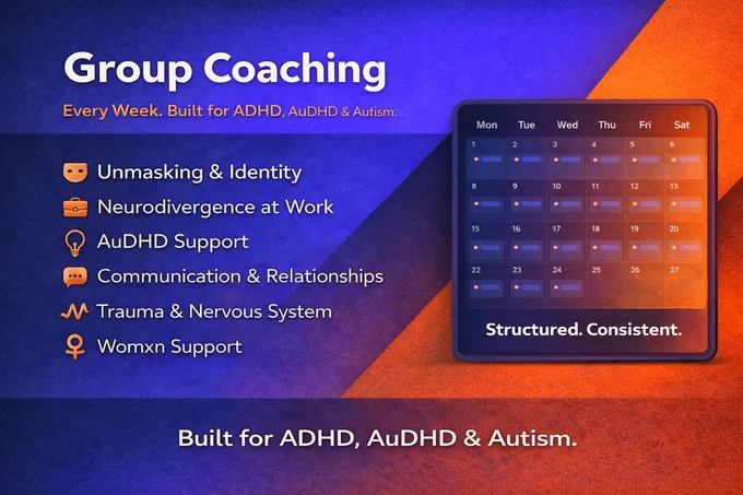 NeuroSpicy Community weekly group coaching schedule showing sessions for ADHD, AuDHD, autism, unmasking, relationships, and trauma support
