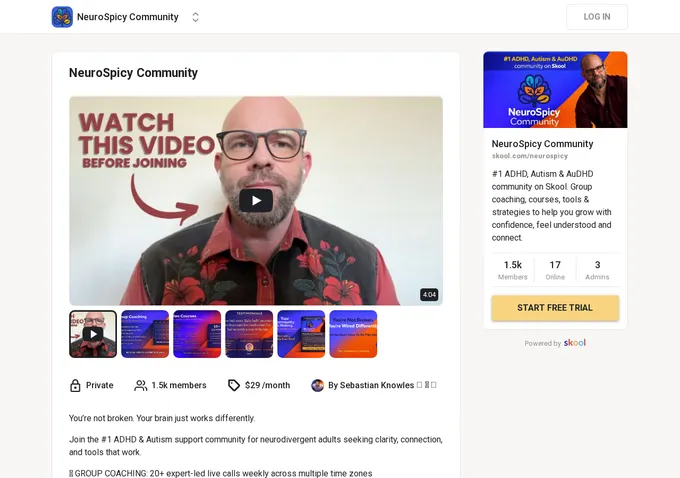 NeuroSpicy Community Skool about page showing member count, pricing, and community overview for neurodivergent adults