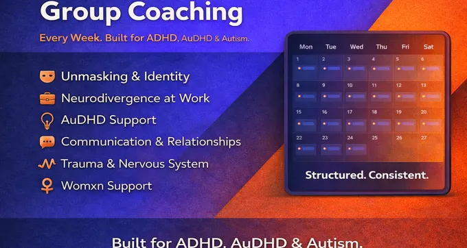 NeuroSpicy Community weekly group coaching schedule showing sessions for ADHD, AuDHD, autism, unmasking, relationships, and trauma support