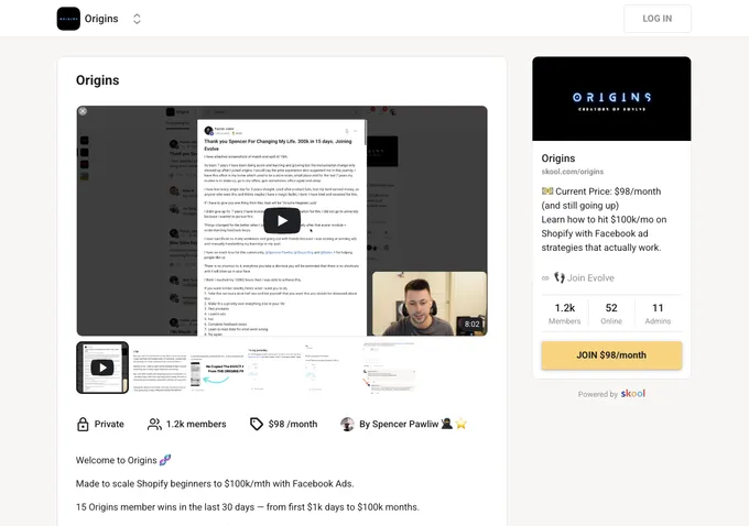 Origins Skool community about page showing membership details, pricing, and community overview