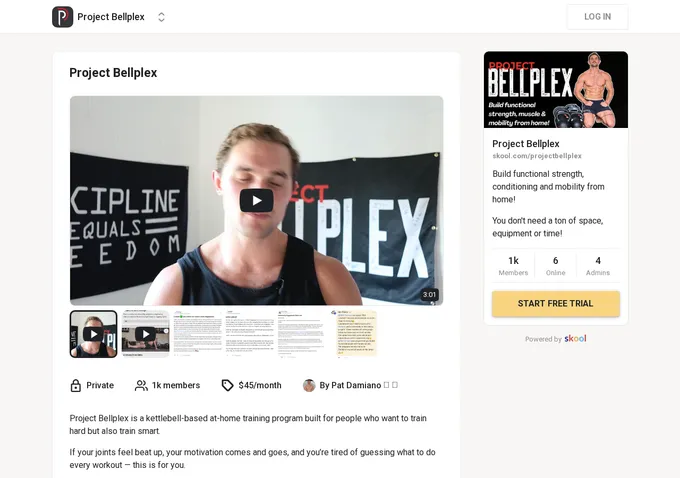 Project Bellplex Skool about page showing Pat Damiano's kettlebell community overview, member count, and pricing