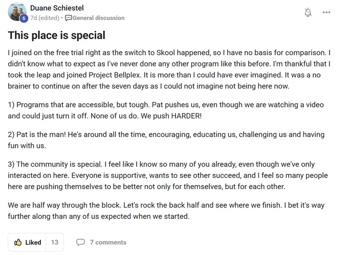 Project Bellplex member testimonial praising Pat Damiano's coaching style and the supportive community atmosphere