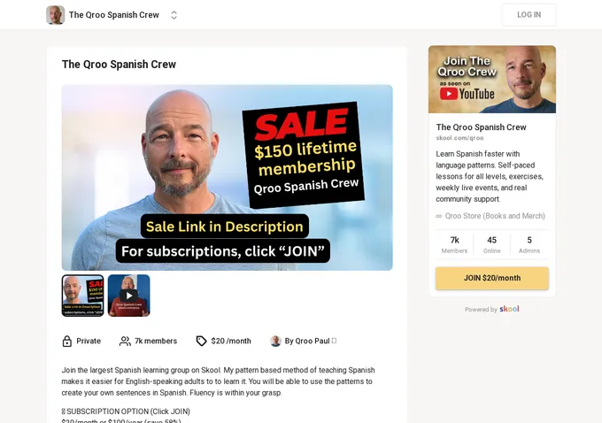 Qroo Spanish Crew Skool about page showing 7,000 plus members, pricing, and Paul Kurtzweil's community overview