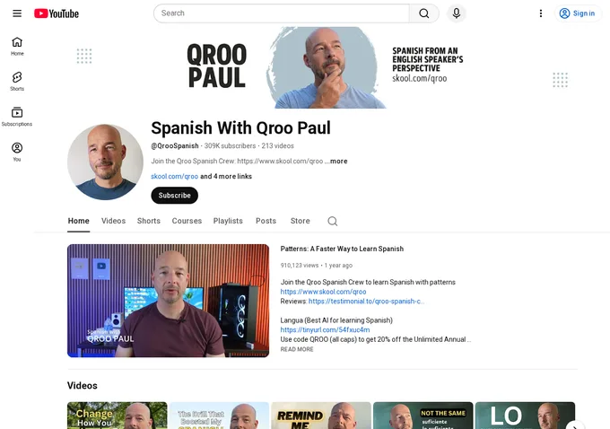 Spanish With Qroo Paul YouTube channel page showing 309,000 subscribers and beginner Spanish lesson content, the free teaching platform behind the QROO Spanish Crew community
