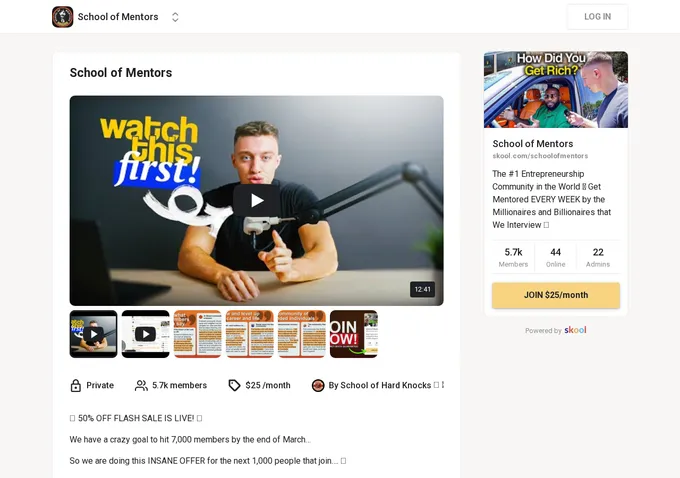 School of Mentors Skool about page showing 5,900 plus members, 49 dollar monthly pricing, and community overview