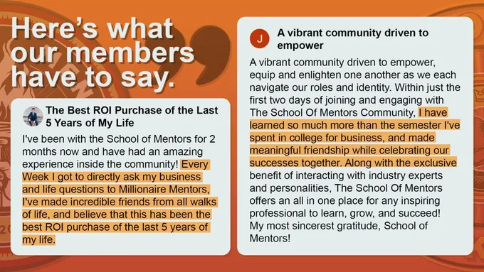 School of Mentors member testimonials highlighting ROI, career impact, and community value from multiple participants