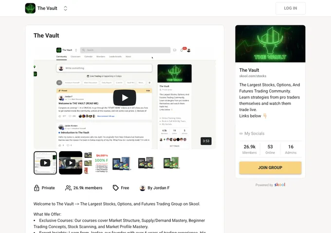 The Vault Skool community about page showing membership details, pricing, and community overview
