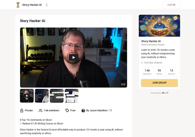 Story Hacker AI Skool about page showing 1,600 plus members, 67 dollar monthly pricing, and community course overview