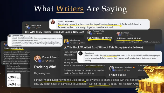 Story Hacker AI member wins wall showing published books, royalty milestones, and career breakthroughs from community writers