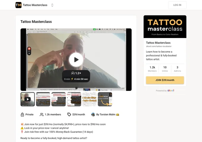 Tattoo Masterclass Skool about page showing 1,265 plus members, $39 per month pricing, and Torsten Malm's community description