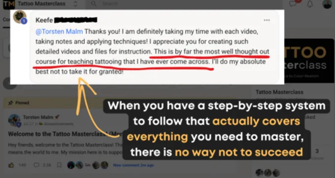 Tattoo Masterclass Skool community page showing course library and member engagement feed