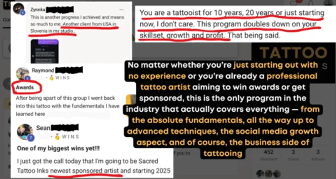 Tattoo Masterclass course curriculum showing progressive modules from needle configuration to color realism techniques