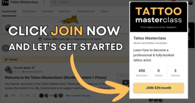 Tattoo Masterclass community feed showing member artwork posts and coaching interaction with Torsten Malm