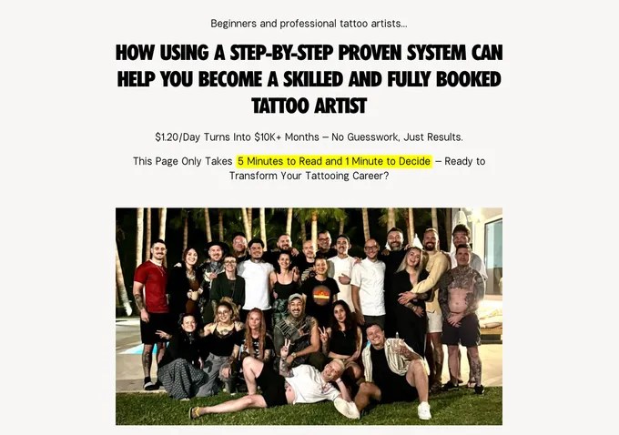 Tattoo Masterclass website homepage showing Torsten Malm's marketing, pricing information, and course overview