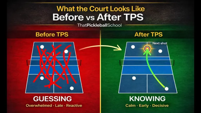 That Pickleball School before and after court visualization showing transformation from reactive guessing to decisive pattern recognition