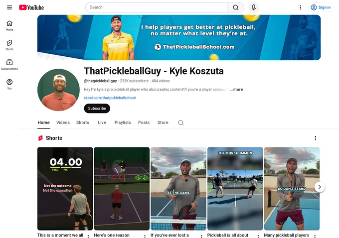 ThatPickleballGuy YouTube channel page showing 235,000 subscribers and pickleball instructional content, Kyle Koszuta's coaching platform that feeds That Pickleball School enrollment